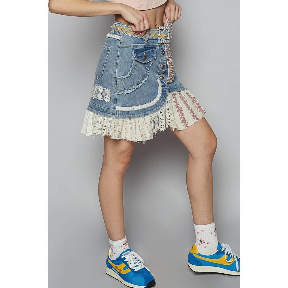 POL Denim Printed Patchwork Button Down Flare Mini Skirt - Picture 2 of 4